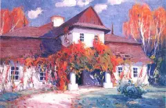 Dworek jesienią by Bronisława Rychter-Janowska, olej, tektura, sold Oct 1995