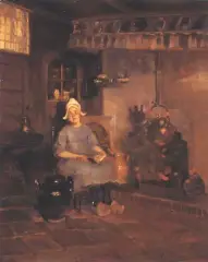 Rudolf Possin, Dziewczyna przy kominku, olej, tektura