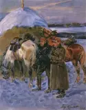 Na popasie by Jerzy Kossak, olej, tektura, offered Mar 1995