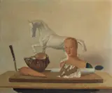 Giovanni Colacicchi, Natura morta di oggetti con busto di manichino, scultura di un cavallo e conchiglia