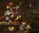 Ambito di Nicola Casissa, Natura morta con cratere all'antica, fiori, frutta e volatili