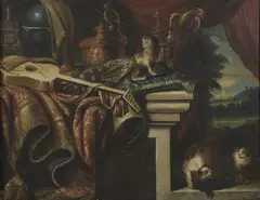 Antonio Gianlisi II, Natura morta con broccato, strumento musicale, oggetti da wunderkammer, volatile, cani e gatti