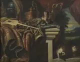 Antonio Gianlisi II, Natura morta con broccato, strumento musicale, oggetti da wunderkammer, volatile, cani e gatti