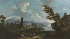 Vittorio Amedeo Cignaroli, Paesaggio lacustre con figure e chiesa sullo sfondo