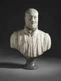 Mezzo busto in marmo bianco raffigurante gentiluomo con barba, veste con bottoni e camicia con colletto di pizzo by Scultore Del Xvi-Xvii Secolo, sculpture, sold Jun 2026