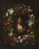 Maestro Romano Del Xvii Secolo, Dama in veste di Diana entro ghirlanda di fiori
