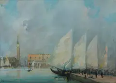 Angiolo Alebardi, Veduta del Bacino di San Marco a Venezia, il campanile e il Palazzo Ducale sullo sfondo