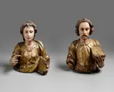 Scultore Del Xvii Secolo, Coppia di sculture in legno dorato e laccato raffiguranti "Santi", sculpture