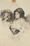 Rembrandt van Rijn, Tre teste di donne, una addormentata, print (other)