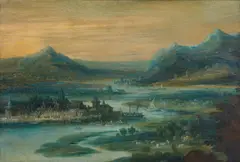 Joos de Momper, Paesaggio fluviale con villaggio e barche