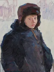 Michkail Birukov, Ritratto di fanciullo in un paesaggio innevato