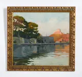 Nicola Fabbricatore, Paesaggio con edifici e personaggi sulla riva