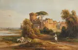 Charles-François Knébel, Veduta del castello di papa Giulio II a Ostia, con personaggi