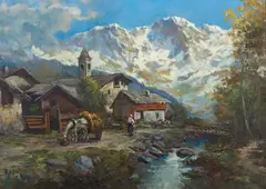 Leonardo Roda, Veduta di montagna con villaggio e cime innevate