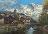 Leonardo Roda, Veduta di montagna con villaggio e cime innevate