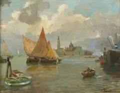Cesare Vianello, Imbarcazioni nella laguna di Venezia, l'isola di San Giorgio sullo sfondo