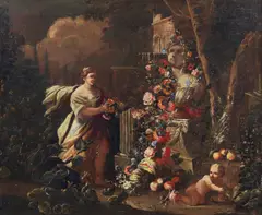 Gaspare Lopez, Giardino con scultura adorna di fiori e frutti, figura femminile e bambino