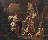 Gaspare Lopez, Giardino con scultura adorna di fiori e frutti, figura femminile e bambino