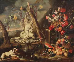 Gaspare Lopez, Natura morta con fiori e frutta in un giardino con fontana