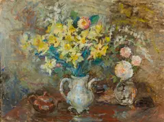 Cesare Monti, Natura morta con vaso di fiori, teiera e brocca con rose