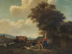 Hendrick Mommers, Attribuito a. Paesaggio con contadini e armenti