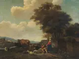 Hendrick Mommers, Attribuito a. Paesaggio con contadini e armenti
