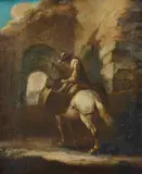 Personaggio a cavallo presso una rovina by Pittore Fiammingo Attivo A Roma Nel Xvii-Xviii Secolo, sold Jul 2025