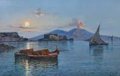 Vesuvio di notte e barche pescherecce by Giuseppe Carelli, sold Jul 2025
