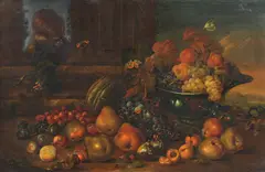Joseph Cooper, Cerchia di. Natura morta di frutta con scimmia e farfalle