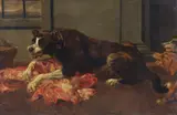 Pieter Boel, Attribuito a. Scena di interno con cani che si contendono della carne