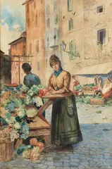 Angelo Inganni, Veduta cittadina con fruttivendole
