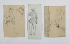 Fausto Zonaro, Tre bozzetti raffiguranti un colloquio tra due personaggi, una figura maschile di spalle, un canale a Venezia