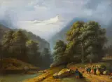 Paesaggio con personaggi presso un corso d'acqua, le montagne innevate sullo sfondo by Eugenio Balbiano Di Colcavagno, sold Dec 2024