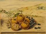 VITA SILENTE DI FRUTTA SU SFONDO DI PAESE by Giorgio de Chirico, sold Dec 2024