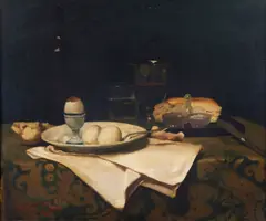 Manuel Posada, Natura morta con uova, pane e calice di vino