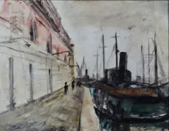 Veduta portuale con barca by Guido Tallone, sold Feb 2024