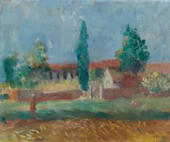 Angelo Del Bon, Paesaggio con cascina e contadini