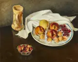 Alberto Salietti, Natura morta con pesche, albicocche, uva, fragole e brocca