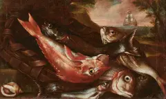 Natura morta con cesto di pesci e marina by Elena Recco, sold Jun 2024
