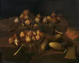 Natura morta con fichi e cetrioli by Pittore Lombardo Del Xviii Secolo, sold Jun 2024