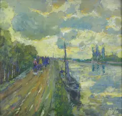 Canale con barche e personaggi by Giuseppe Sacheri, sold Apr 2023
