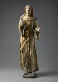 Scultore Del Xvi Secolo, Figura di santa in legno intagliato e parzialmente dorato, probabilmente Santa Brigida o Santa Scolastica, sculpture