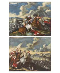 Aniello Falcone, Ambito di. Coppia di dipinti raffiguranti scene di battaglia tra cavalieri cristiani e turchi