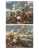 Aniello Falcone, Ambito di. Coppia di dipinti raffiguranti scene di battaglia tra cavalieri cristiani e turchi