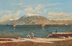 Achille Beltrame, Paesaggio lagunare con personaggi