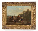 Attribuito a. Scena pastorale con contadini e armenti in un paesaggio by Nicolaes Pieterszoon Berchem, sold Oct 2023