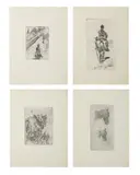 Giovanni Fattori, Gruppo di 4 acqueforti raffiguranti borgo toscano, cavallo, studio di cavalli, carabiniere a cavallo, print (other)