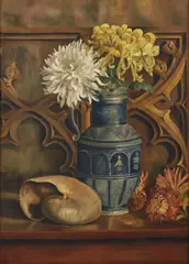 Horace Richebé, Natura morta con vaso di fiori e nautilus