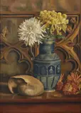 Horace Richebé, Natura morta con vaso di fiori e nautilus