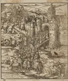 Hans Burgkmair, Un drappello di cavalieri entra in una città fortificata, print (other)